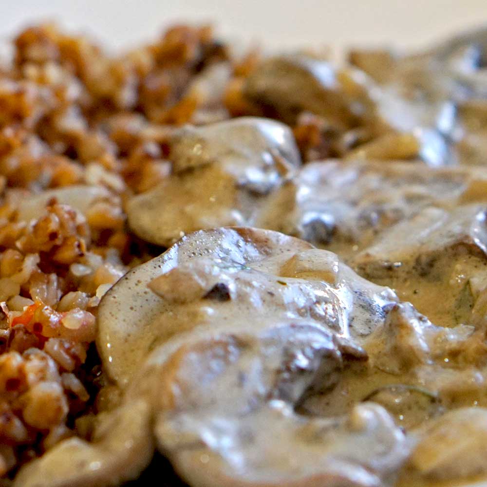 Mushroom sauce (up-close) served with buckwheat kasha