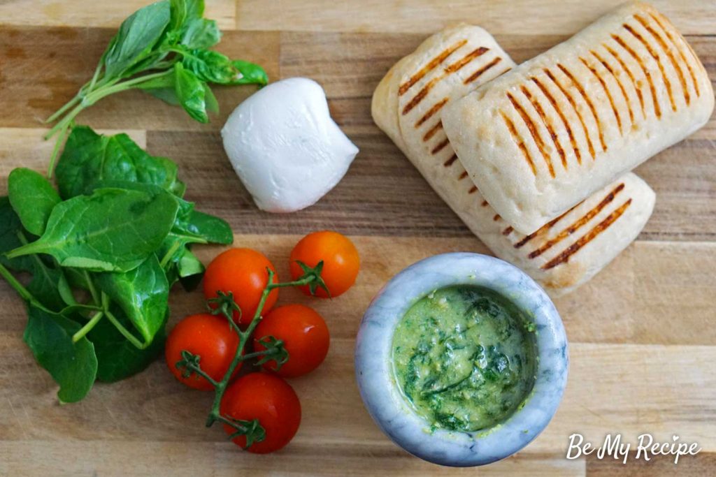 Tomato mozzarella basil caprese panini: ingredients.