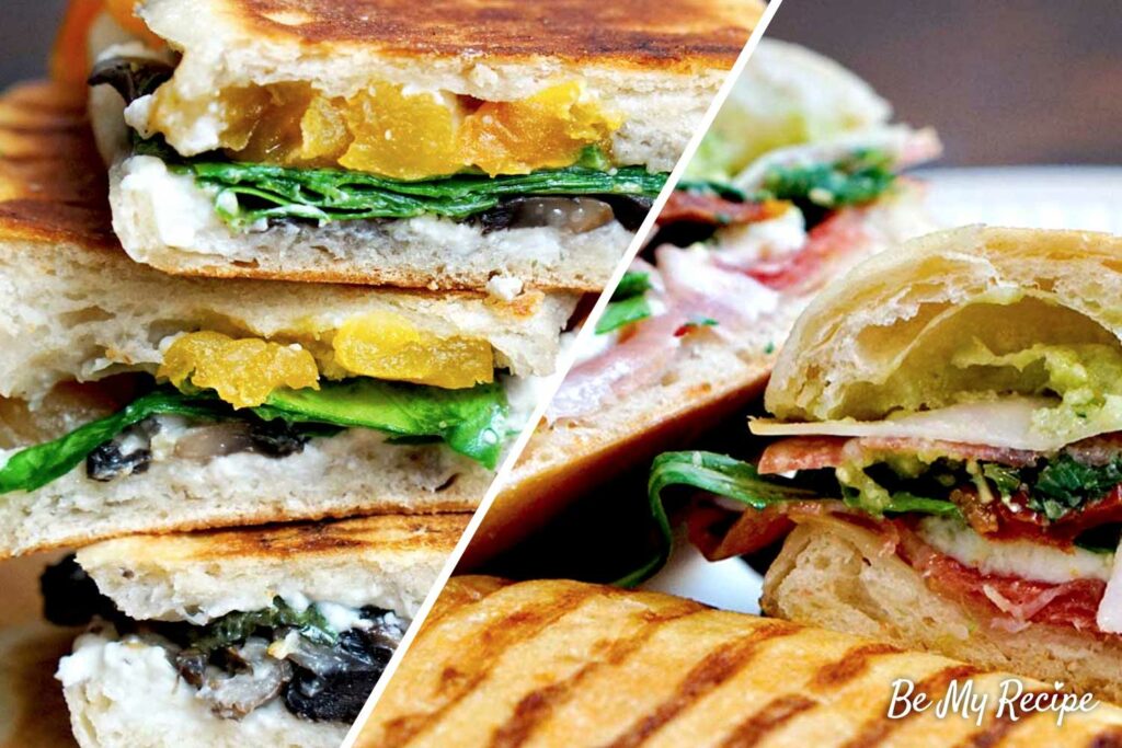 Paninis (two paninis side-by side - the goat cheese apricot panini and the Italian panini).
