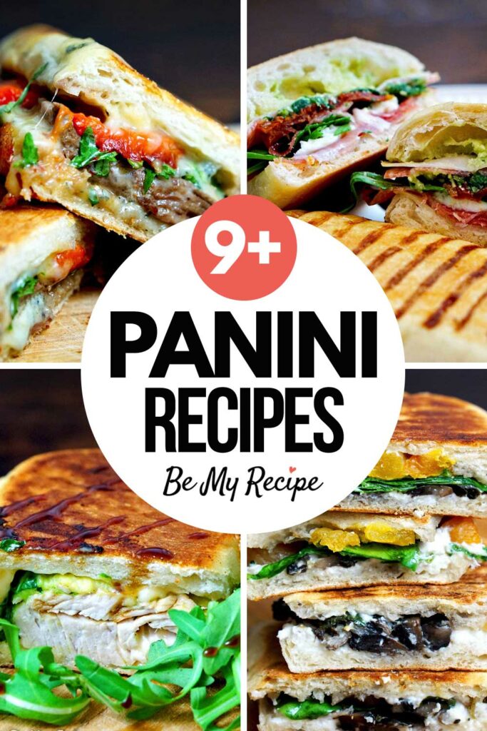 9 Panini Recipes pin featuring the steak panini, Italian panini, turkey panini, and goat cheese apricot panini.