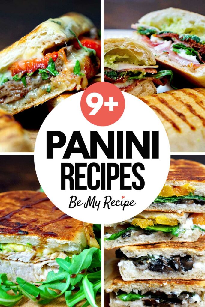 9 Panini Recipes (pin featuring the steak panini, Italian panini, turkey panini, and goat cheese apricot panini).