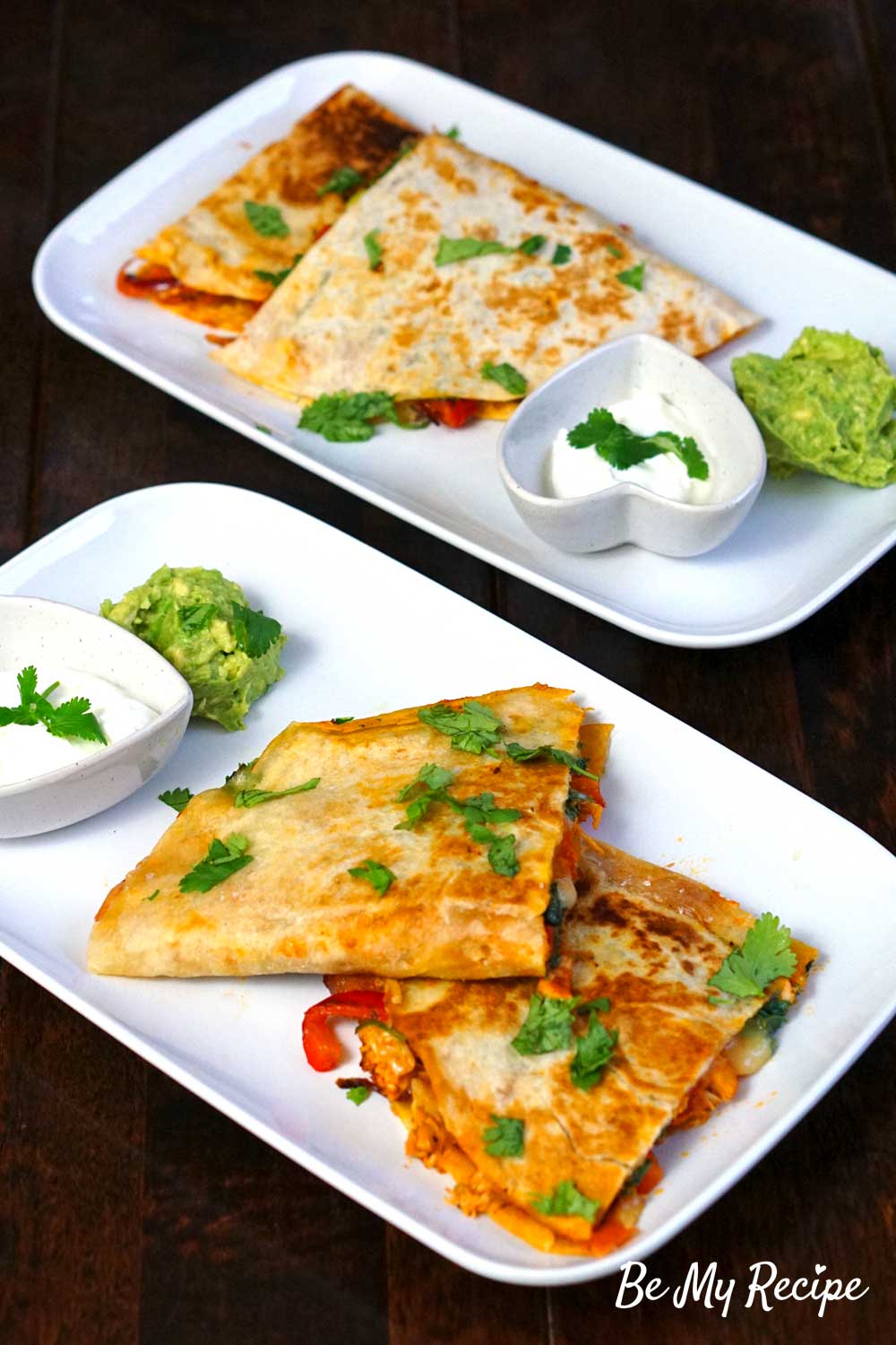 Chicken Quesadillas with Mashed Avocado and Sour Cream
