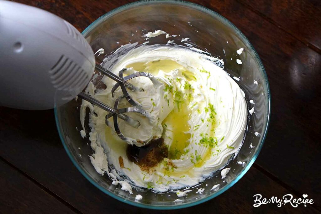 Mixing the lime mascarpone cream mousse ingredients.