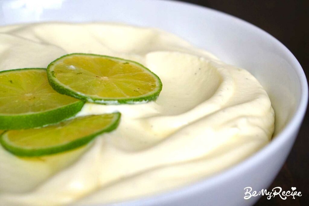 Lime mascarpone cream mousse in a bowl.