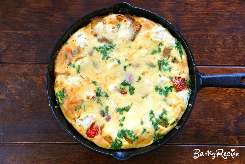Frittata ready in a cast iron pan.
