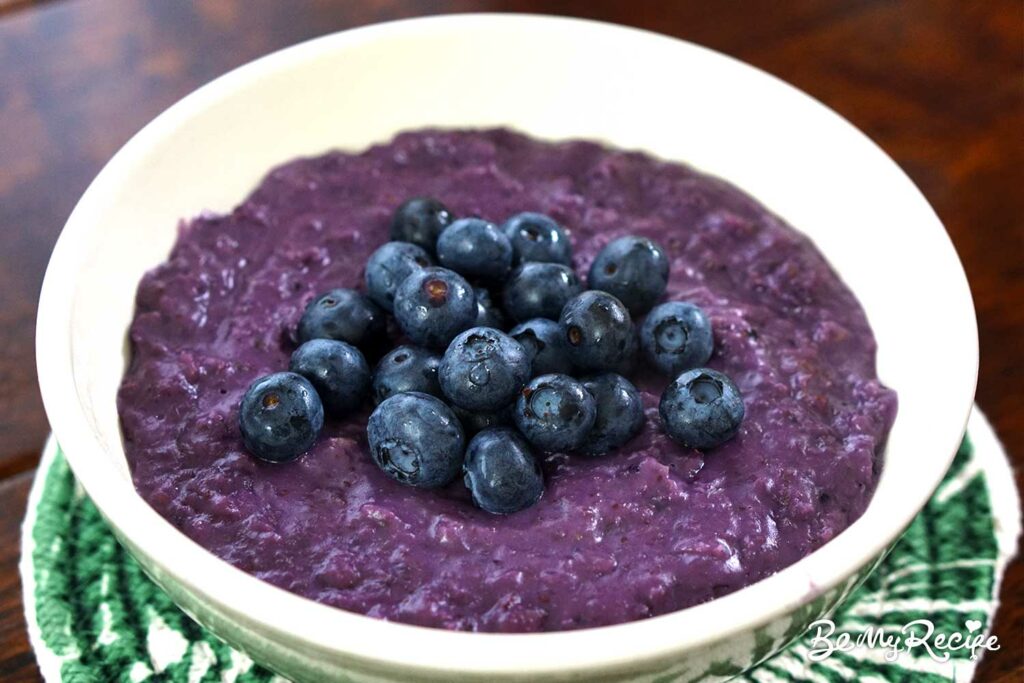 Blueberry oatmeal topped with fresh blueberries