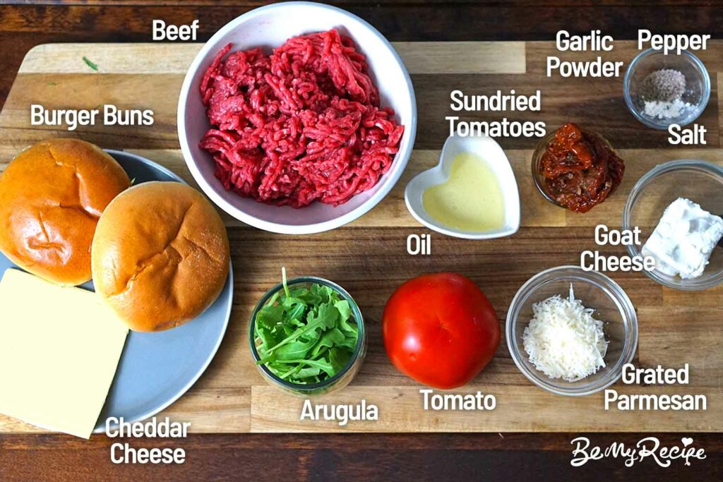 Stuffed Beef Burger ingredients on a board