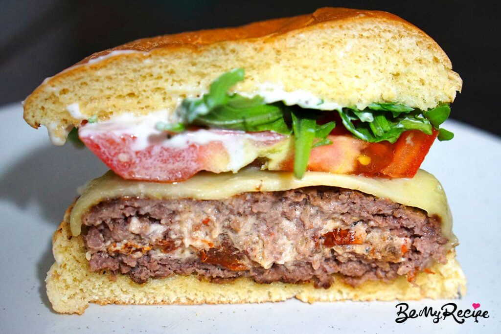 Stuffed beef burger cross-section