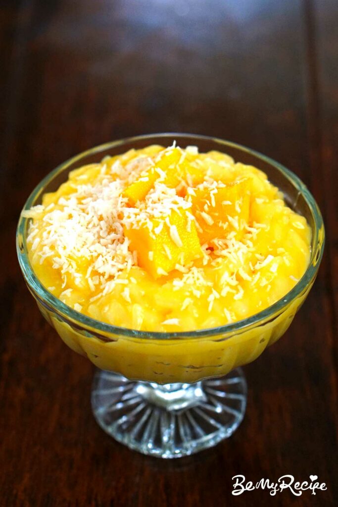 Rice pudding with shredded coconut on top.