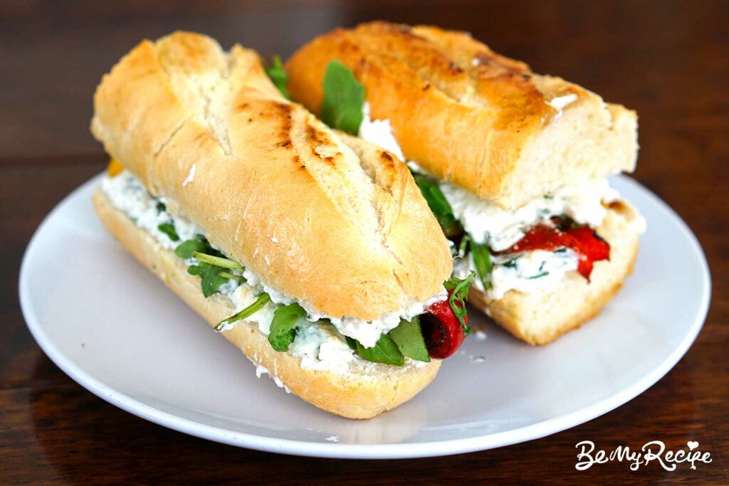 Feta Baguette Sandwich with Roasted Peppers and Basil