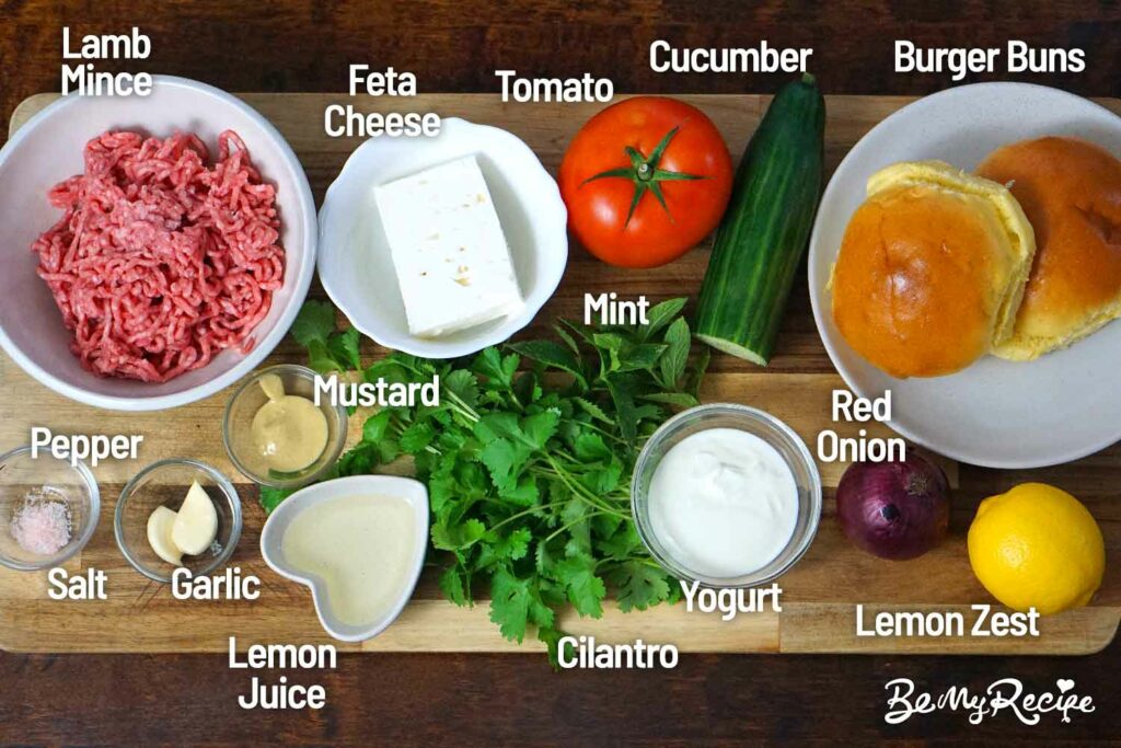 Lamb burger ingredients on a board