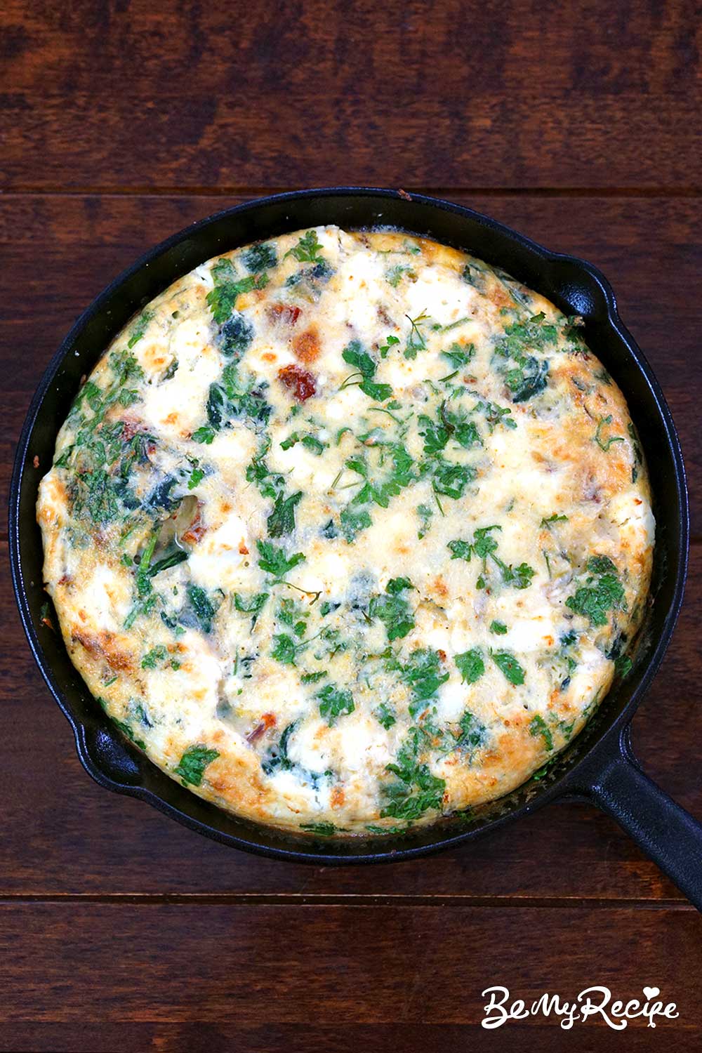 Spinach Frittata Recipe with Sun-Dried Tomatoes, Feta, and Parmesan