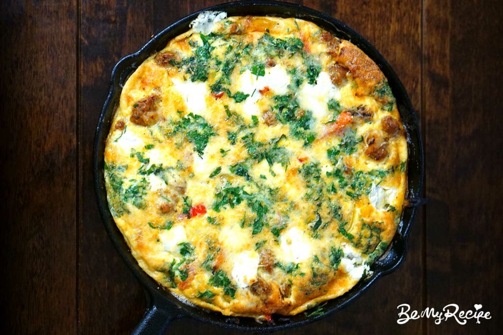Sausage frittata in a cast iron pan