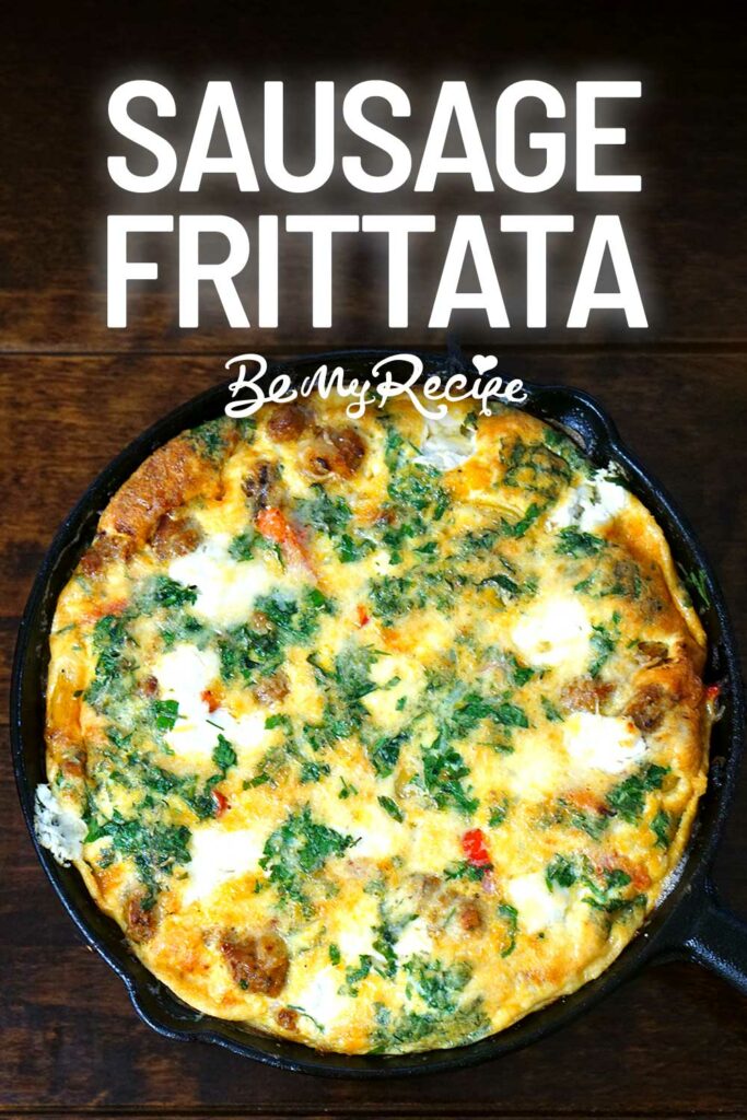 Sausage frittata in a cast iron pan (vertical photo)