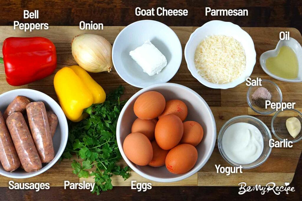 Sausage frittata ingredients on a wooden board.
