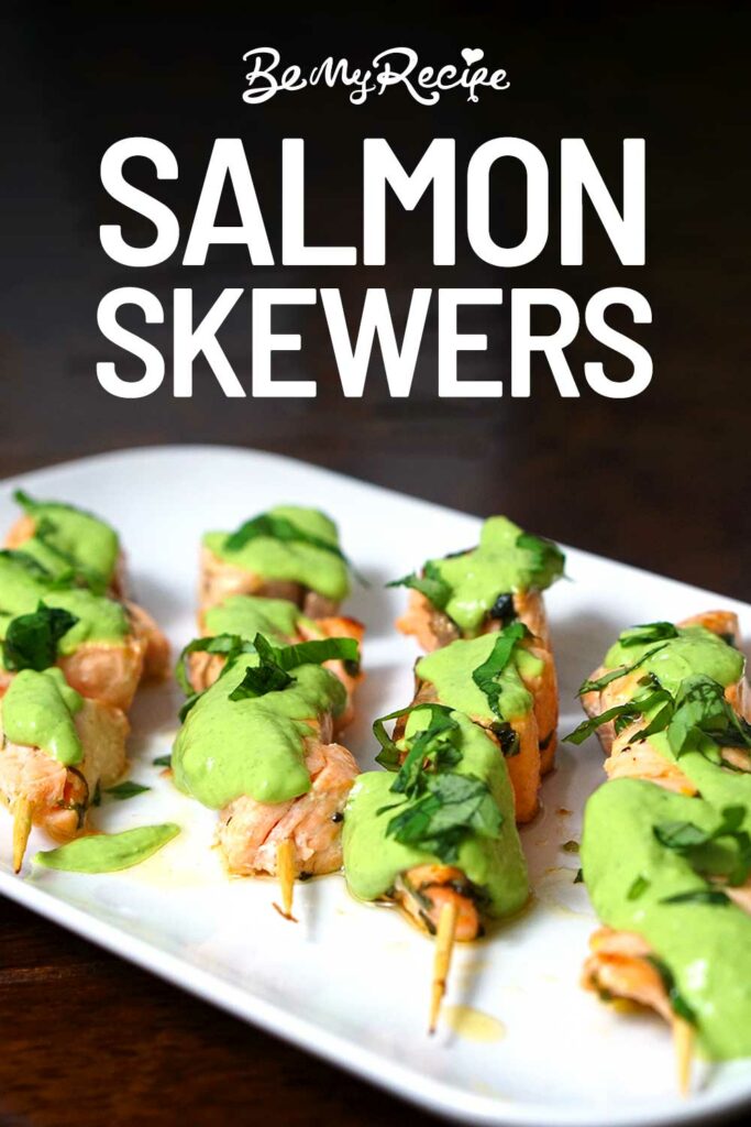 Salmon Skewers with Avocado-Basil Sauce
