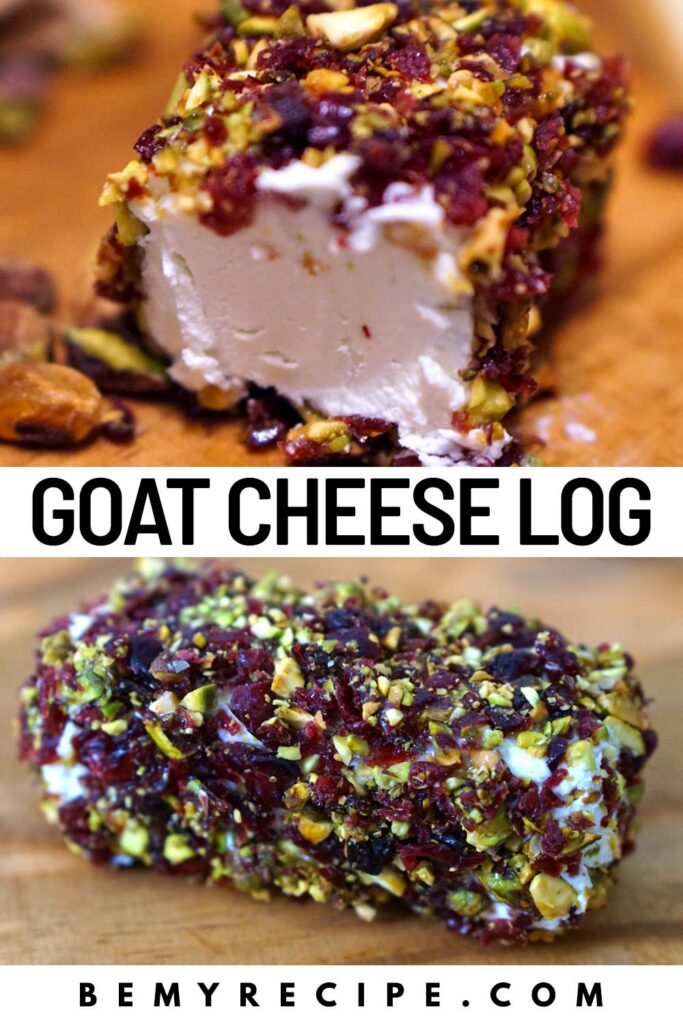 Goat cheese log rolled in pistachios and dried cranberries with honey (pin).