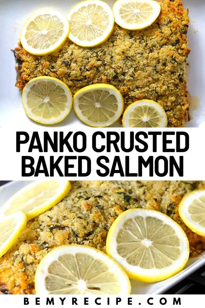 Baked Panko-Crusted Salmon Garnished with Lemon Slices (pin)