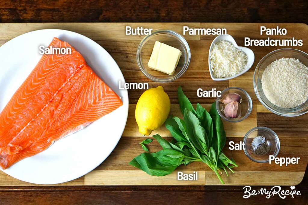 Ingredients for Baked Panko-Crusted Salmon (on a wooden board)