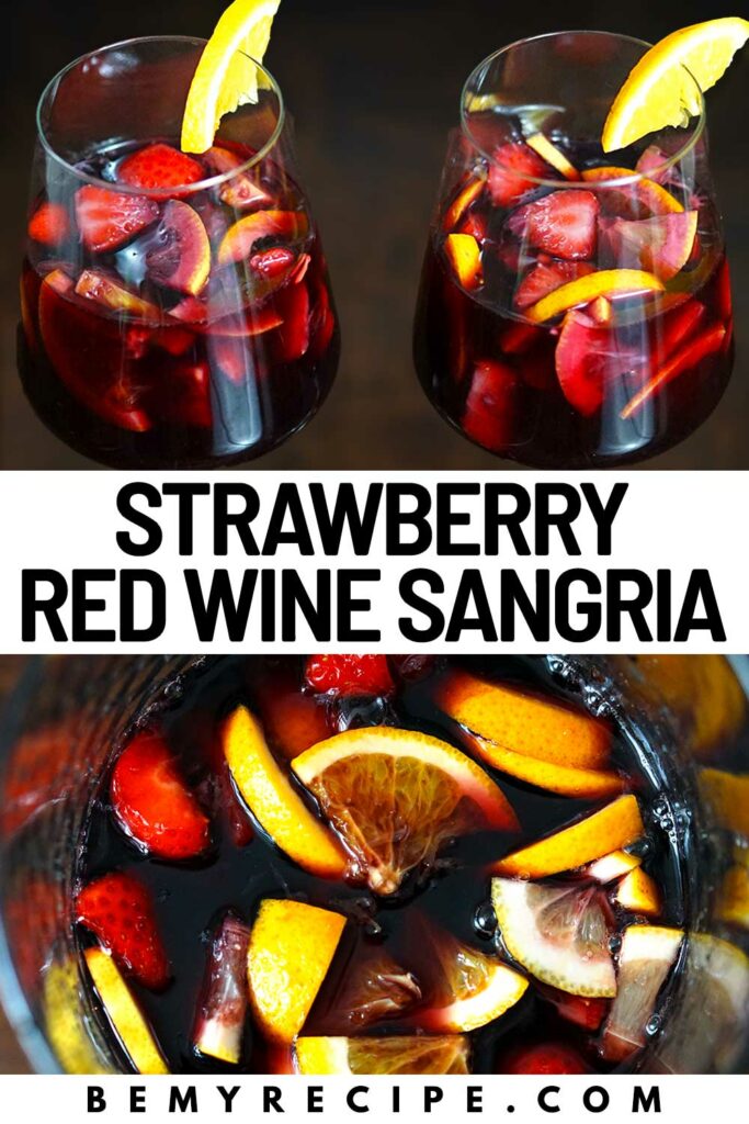 Strawberry red wine sangria served in wine glasses with orange slices (pin).