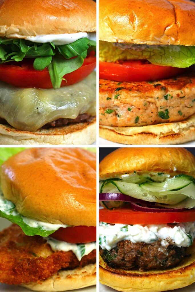 Various burgers in a collage (linking to the burger recipes roundup)