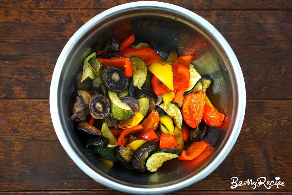 Roasted veggies in a large bowl