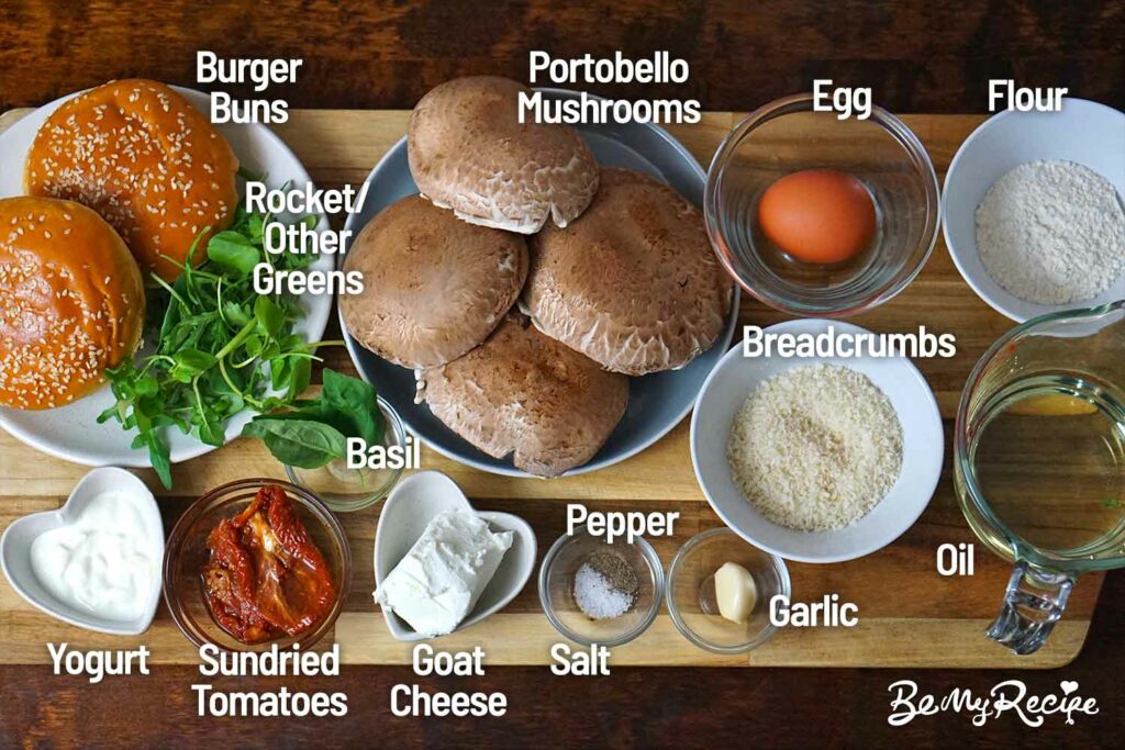 Portobello mushroom burger ingredients on a board