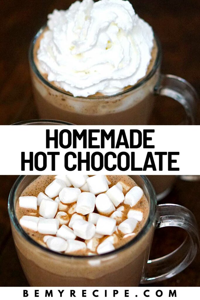 Homemade hot chocolate with mini marshmallows and whipped cream.