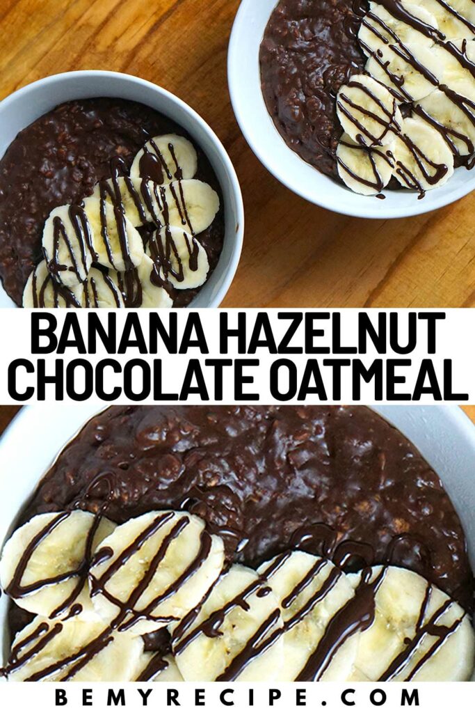 Banana hazelnut chocolate oatmeal in bowls topped with banana slices and melted chocolate.