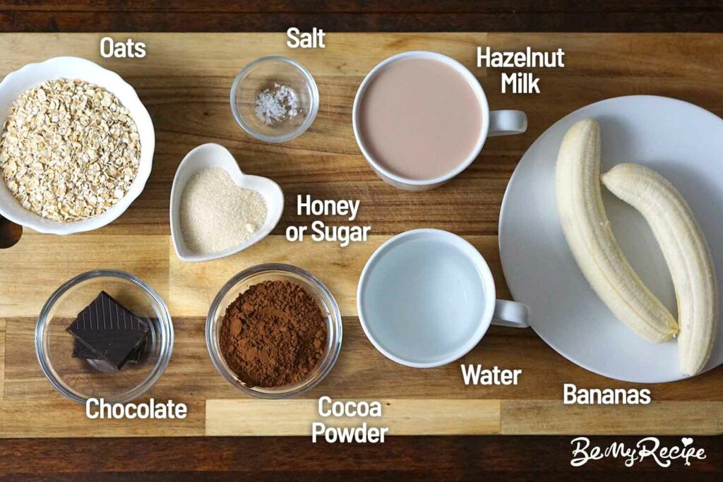 Ingredients for banana hazelnut chocolate oatmeal