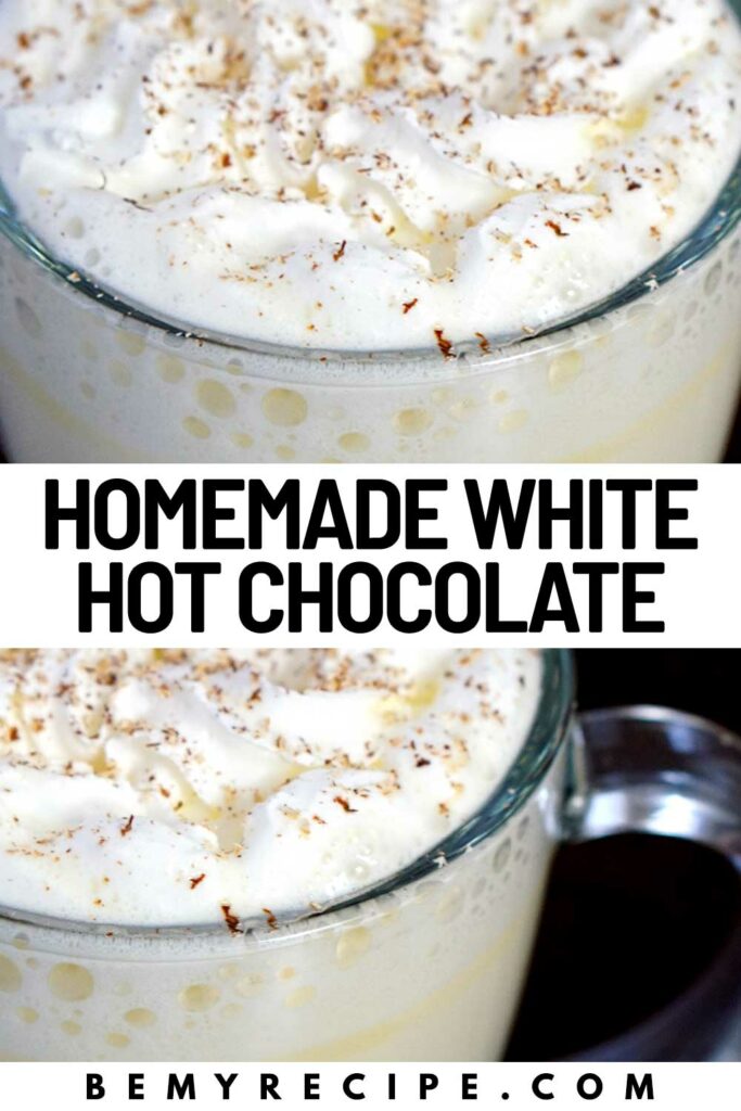 white hot chocolate with whipped cream and marshmallows and nutmeg