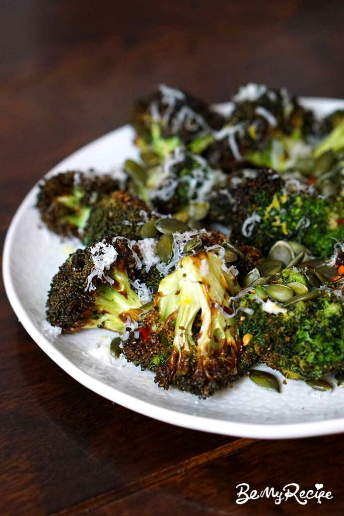 Air Fryer Broccoli with parmesan and toasted pumpkin seeds