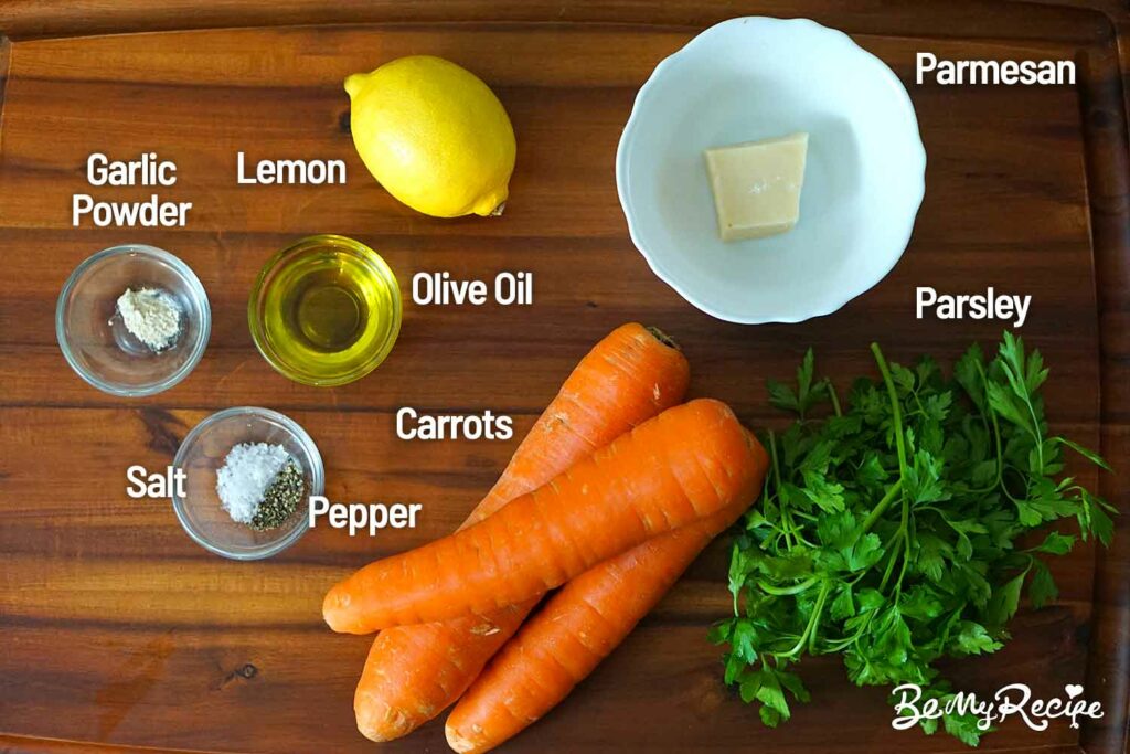 Ingredients for the air fryer carrot fries with parmesan, lemon juice, parsley, and garlic