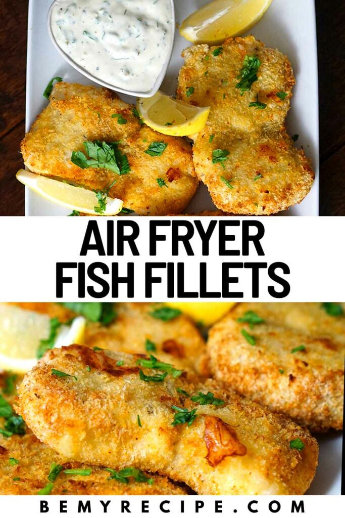 Air Fryer Fish Fillets with lemon wedges, fresh parsley, and remoulade sauce