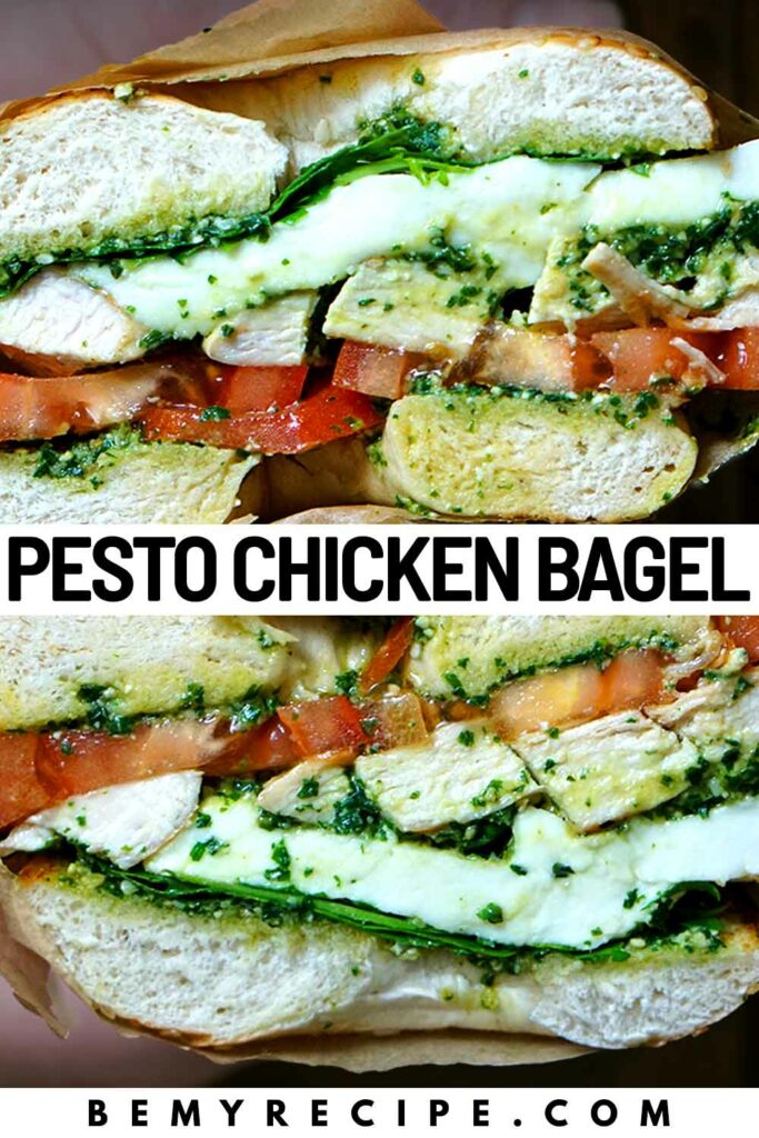 Bagel with Pan-Fried or Grilled Chicken, Homemade Pesto, Mozzarella, Tomatoes, and Arugula