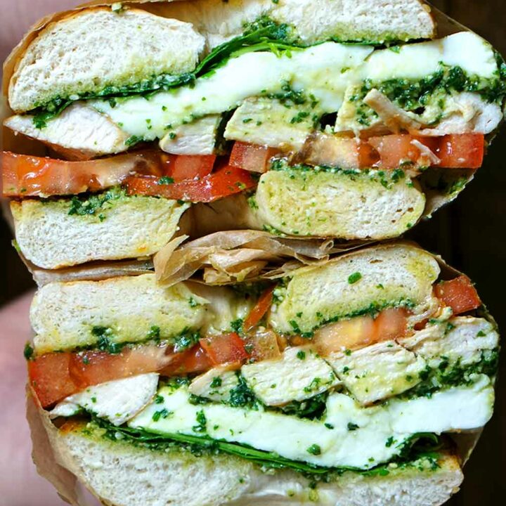 Pesto Chicken Bagels with Mozzarella and Tomatoes