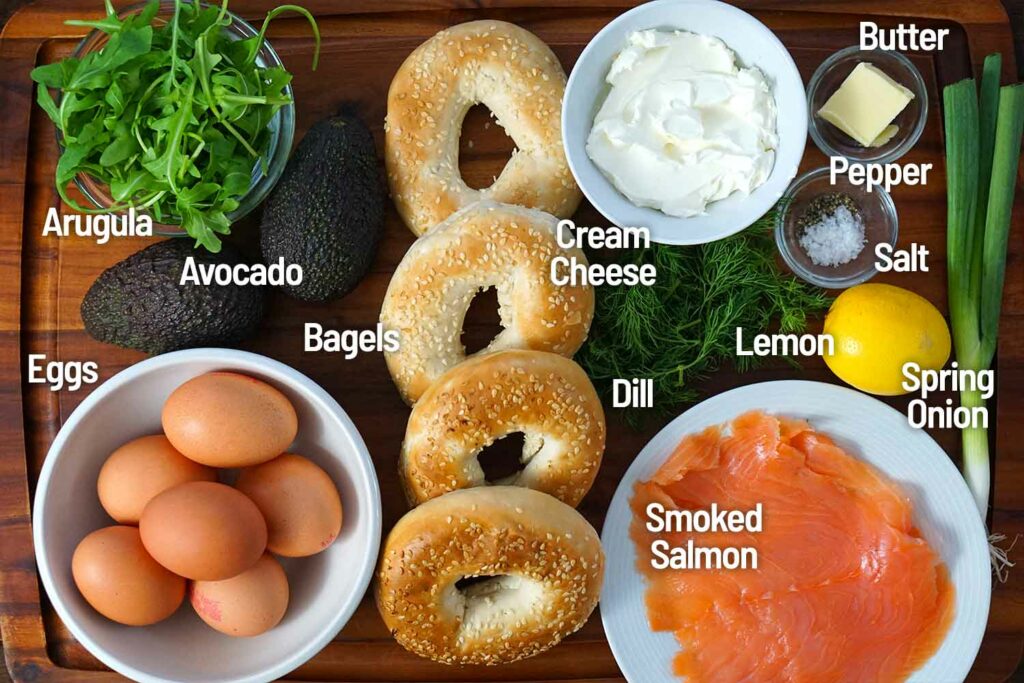 Ingredients for the loaded bagel with smoked salmon