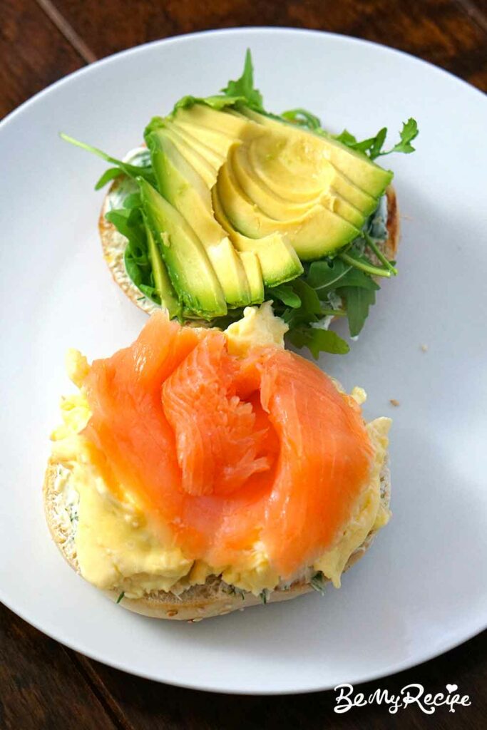 Bagel with Smoked Salmon, Scrambled Eggs, Avocado, and Herb Cream Cheese
