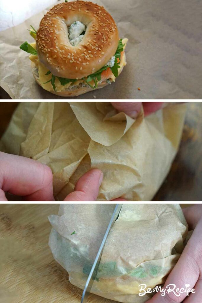 Wrapping the bagel (deli-style or bagel-shop style).