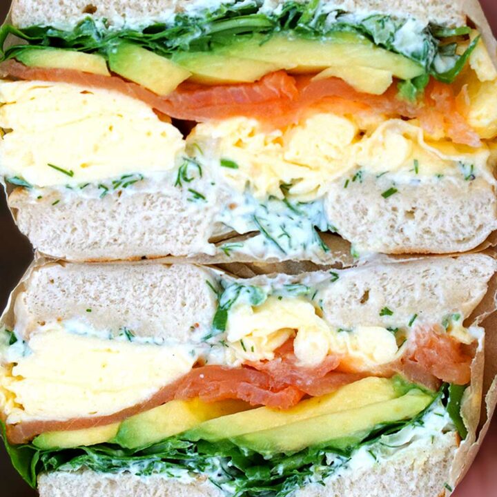 Loaded Bagels with Smoked Salmon, Scrambled Eggs, Avocado, and Herb Cream Cheese