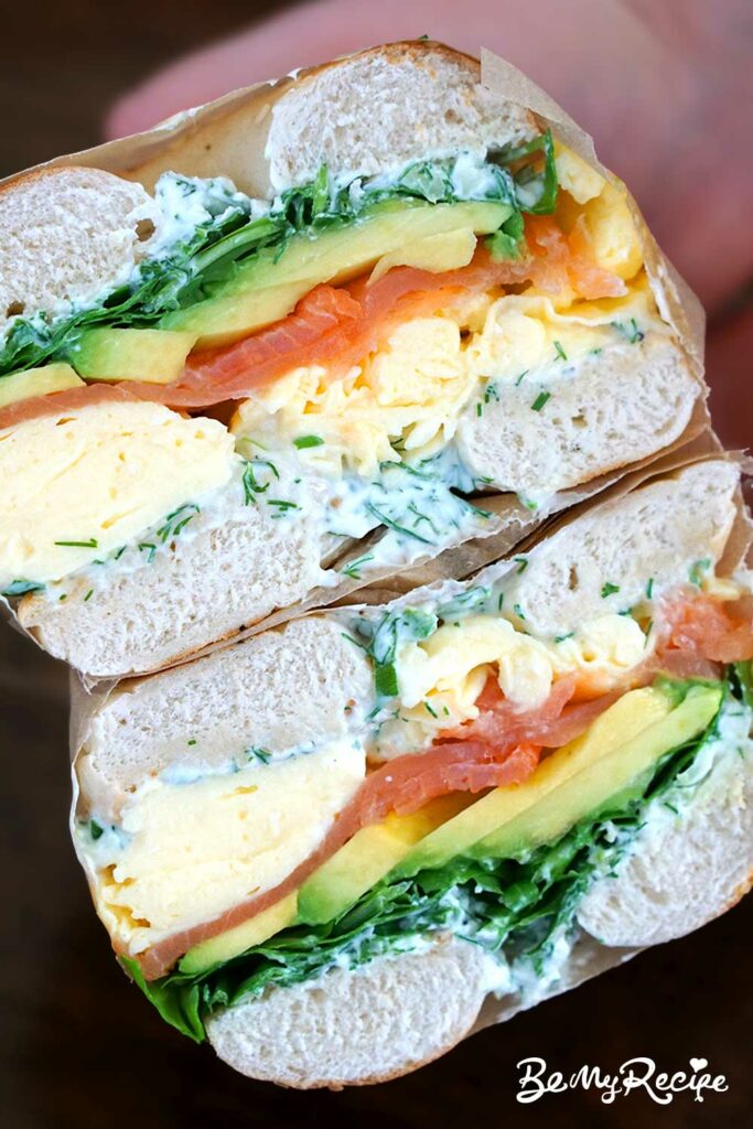 Bagel with Smoked Salmon, Scrambled Eggs, Avocado, and Herb Cream Cheese