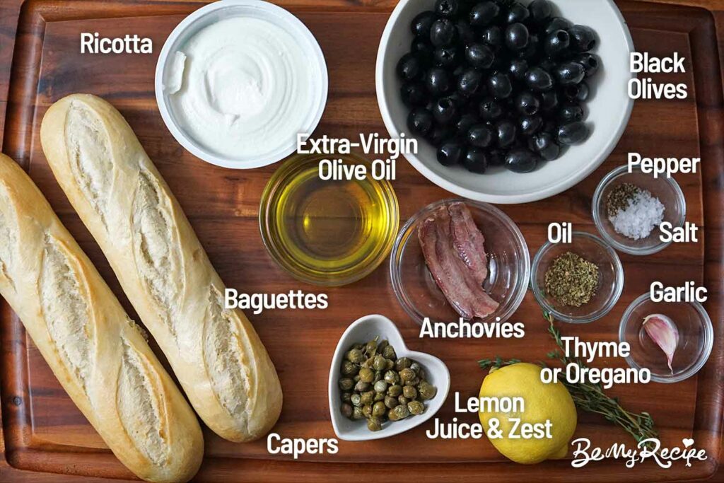Ingredients for the Whipped Ricotta Crostini with Tapenade