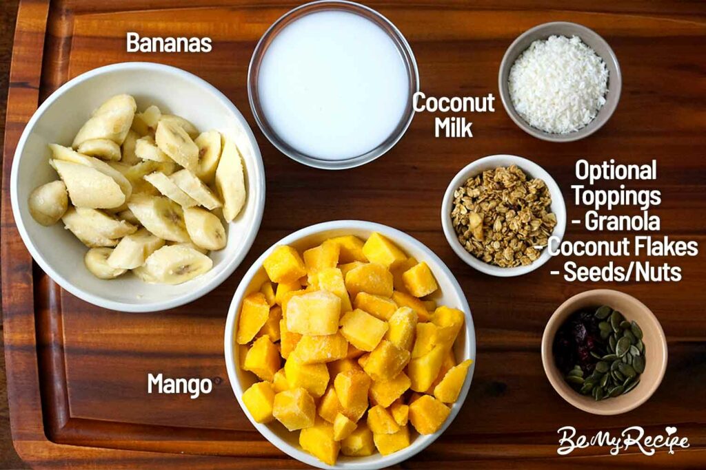 Ingredients for the mango banana smoothie bowl
