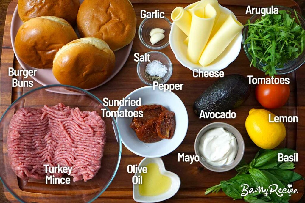 Ingredients for the Turkey Burger with Sundried Tomatoes and Lemon-Basil Mayo