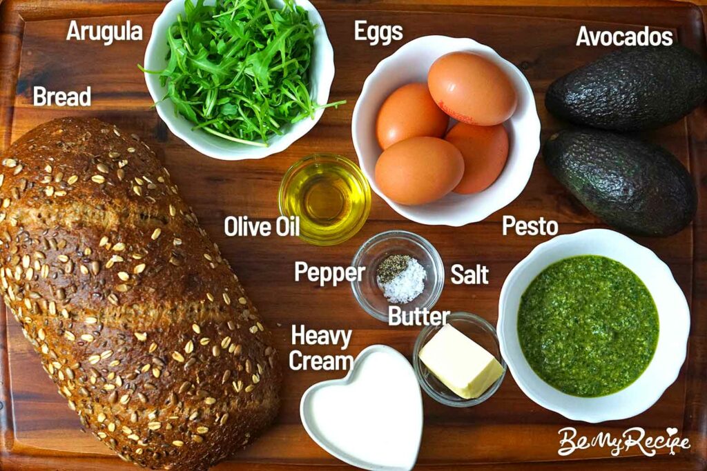 Ingredients for the Avocado Toast with Scrambled Eggs and Pesto