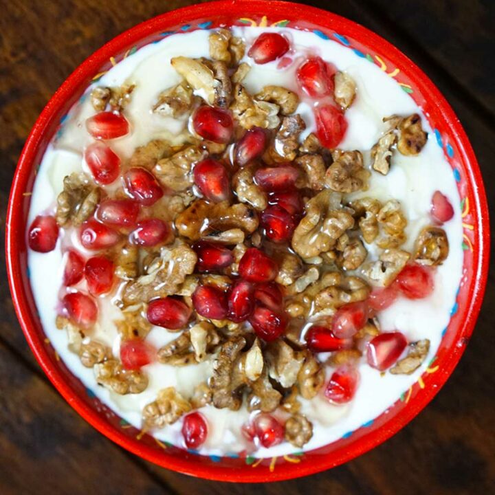 Yogurt Bowl with Honey, Walnuts, and Pomegranate