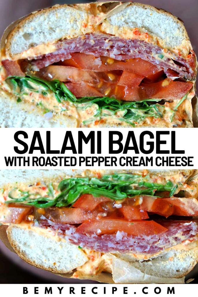 Salami bagel with roasted pepper cream cheese