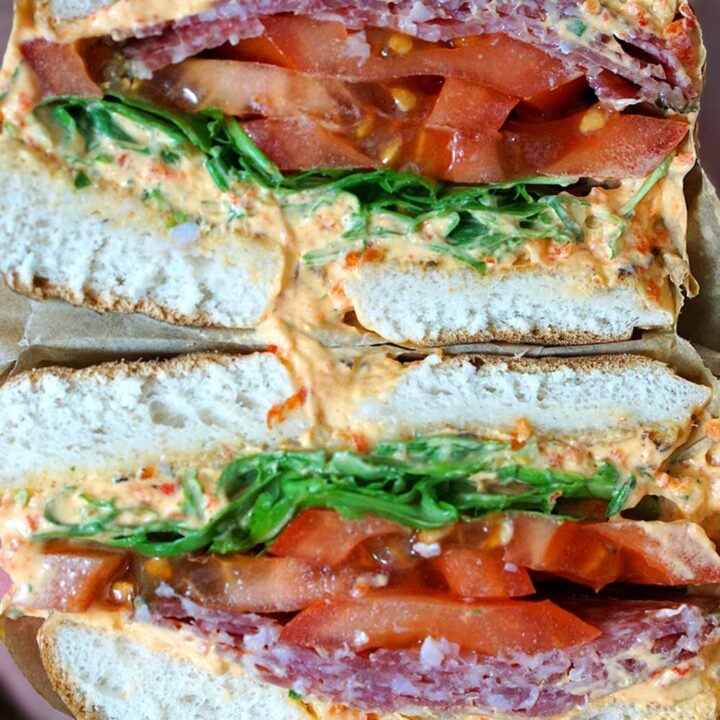 Salami Bagel with Roasted Pepper Cream Cheese