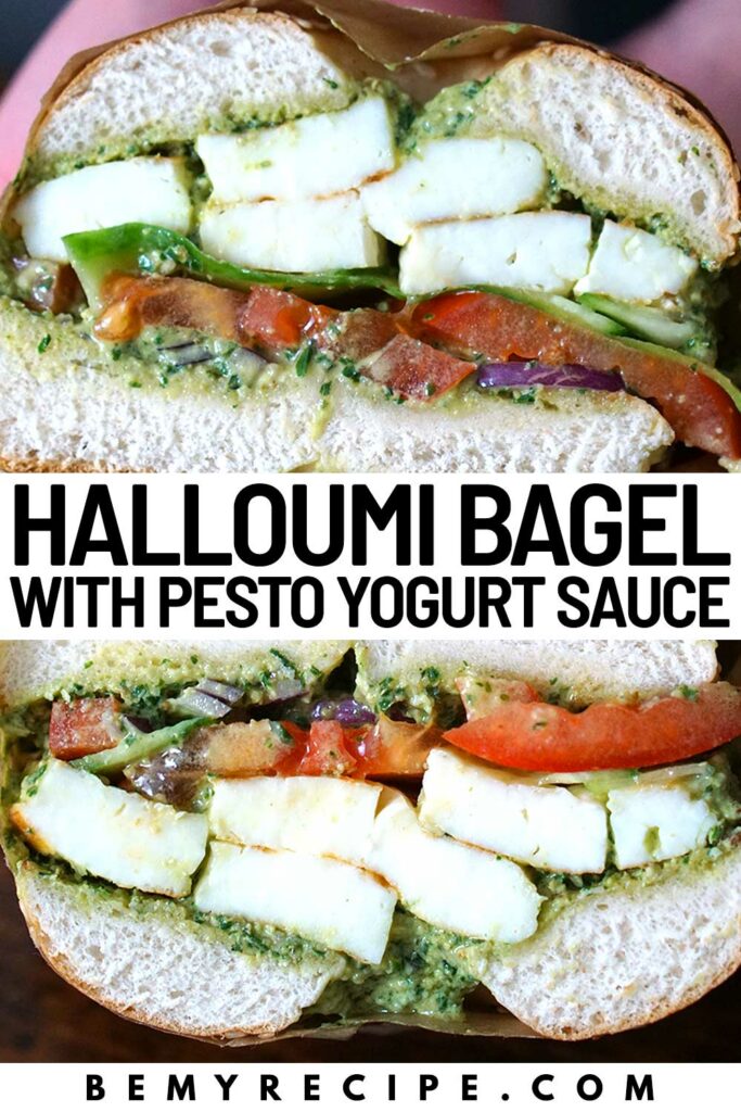 Halloumi Bagel with Pesto Yogurt Sauce