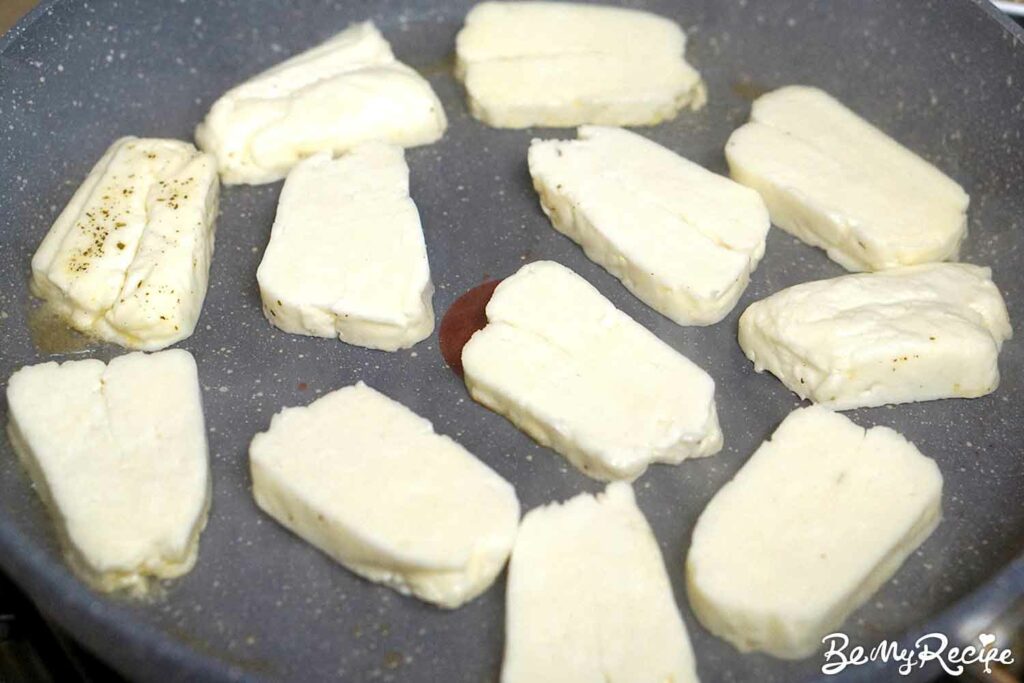 Pan-frying the halloumi slices